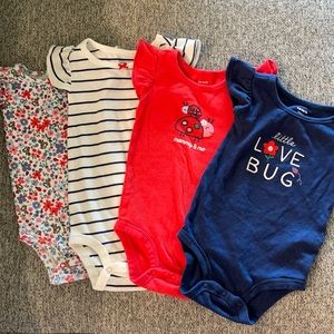 Carters 4 onesies w/ flutter sleeves. Red, white, and blue floral, lady bugs.